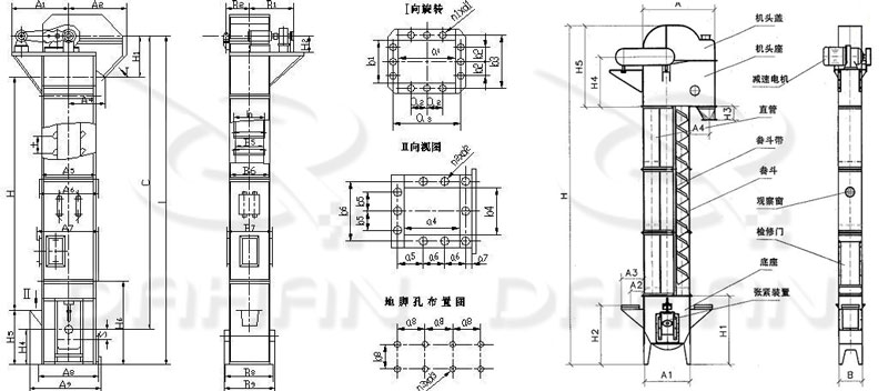 TD/D型斗式提升機(jī)基本結(jié)構(gòu):機(jī)頭蓋，機(jī)頭座，減速電機(jī)，直管，底座，緊張裝置等。