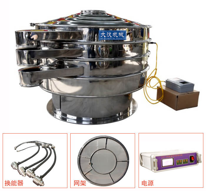  全不銹鋼超聲波振動篩內(nèi)部組成：換能器，網(wǎng)架，電源。